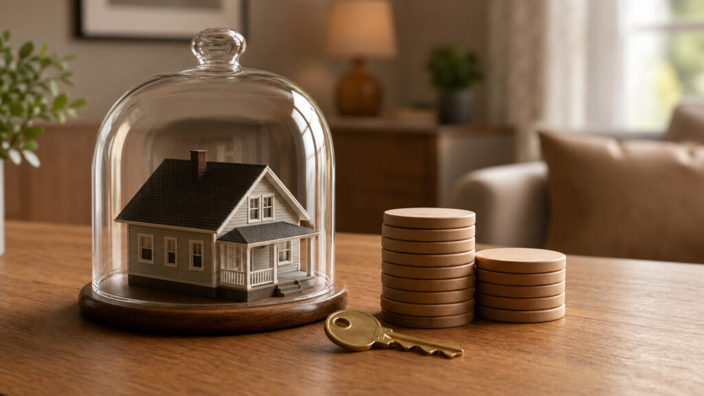 Model home protected under glass with house key and reserve markers