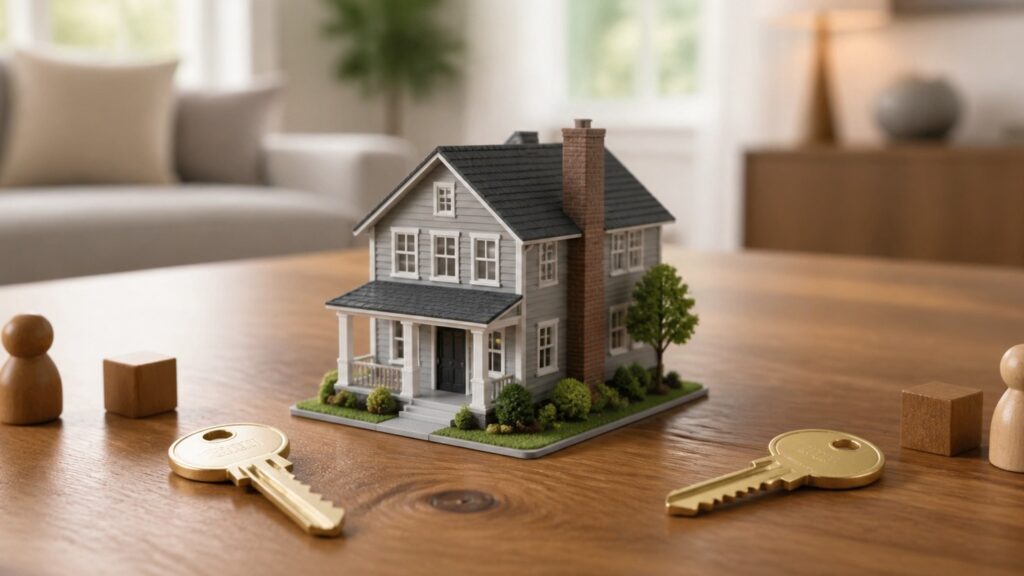 Model home with two keys representing a sibling buyout refinance for inherited property